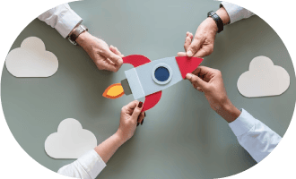 Startup member holding symbolic startup plane